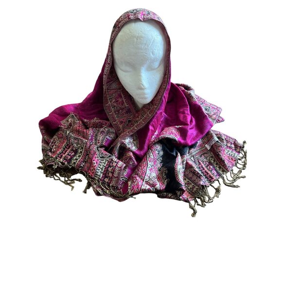 Pashmina pink tan black paisley blanket scarf with fringe 26”x78” - Picture 3 of 6